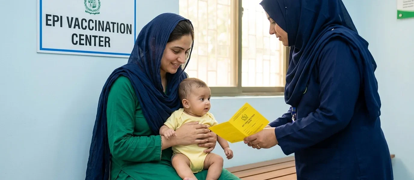 Baby vaccination schedule: A mother and infant at a government vaccination center in Pakistan.