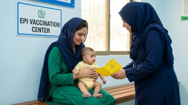 Baby vaccination schedule: A mother and infant at a government vaccination center in Pakistan.