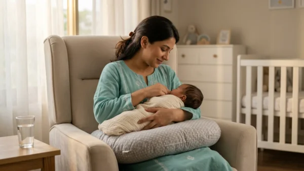Breastfeeding routine: A Pakistani mother nursing her baby in a peaceful home setting.