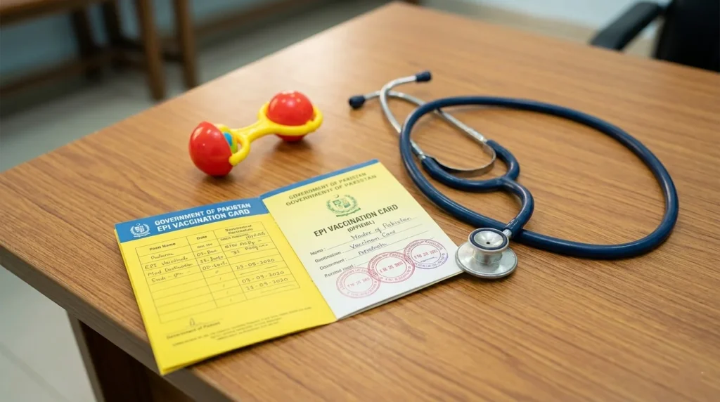 A close-up of a Pakistan government baby vaccination schedule card.