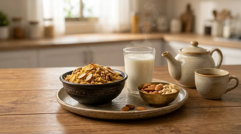 Traditional Pakistani lactation foods used to support a healthy breastfeeding routine.