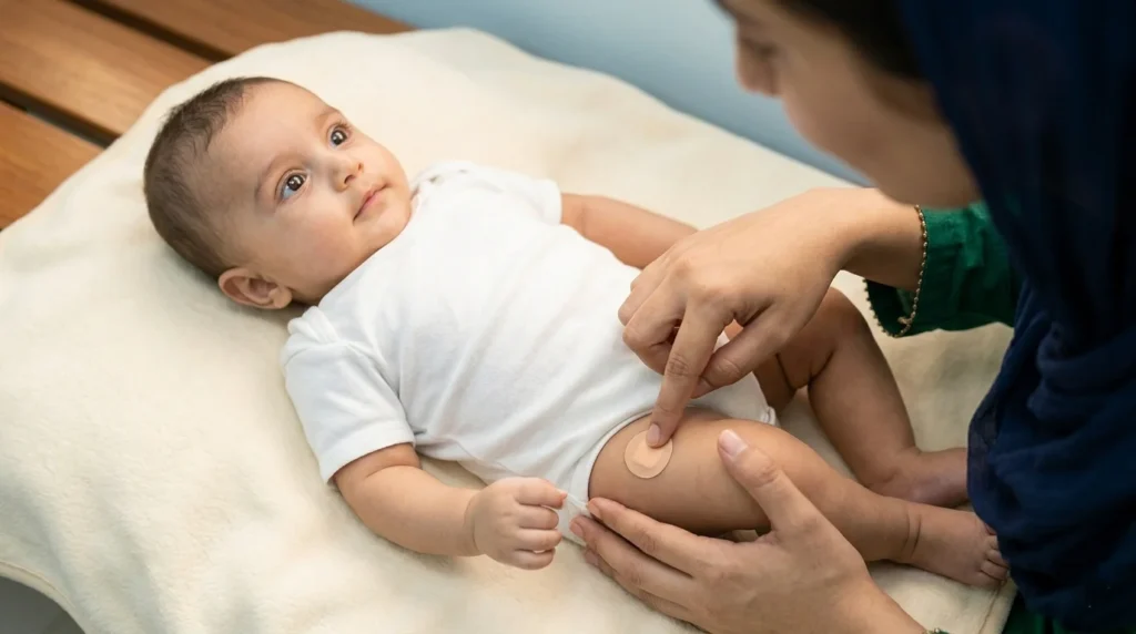 Soothing a baby after a visit from the baby vaccination schedule.