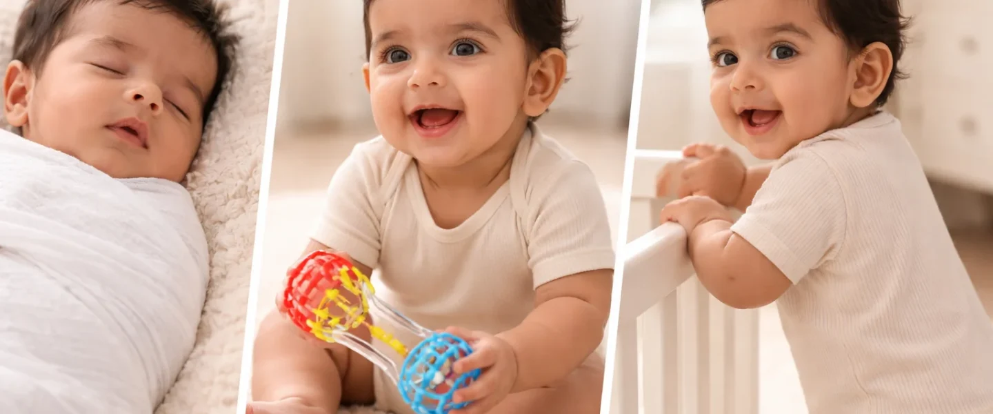 Baby milestone guide: A horizontal timeline showing infant development from birth to 12 months.