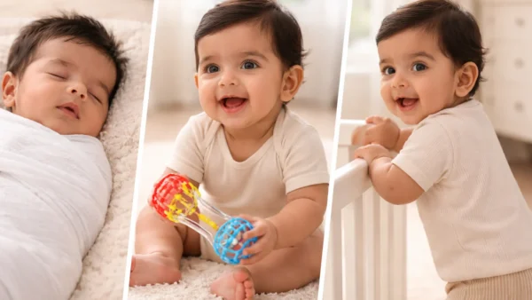 Baby milestone guide: A horizontal timeline showing infant development from birth to 12 months.