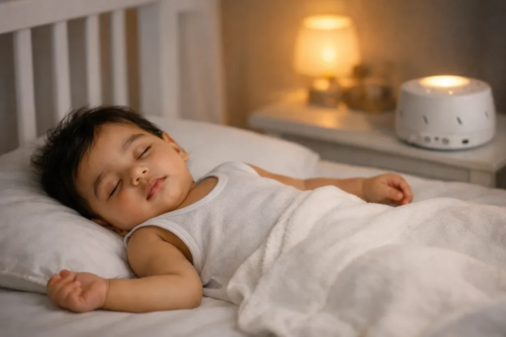 Baby sleep training methods: A peaceful Pakistani baby sleeping safely in a crib.