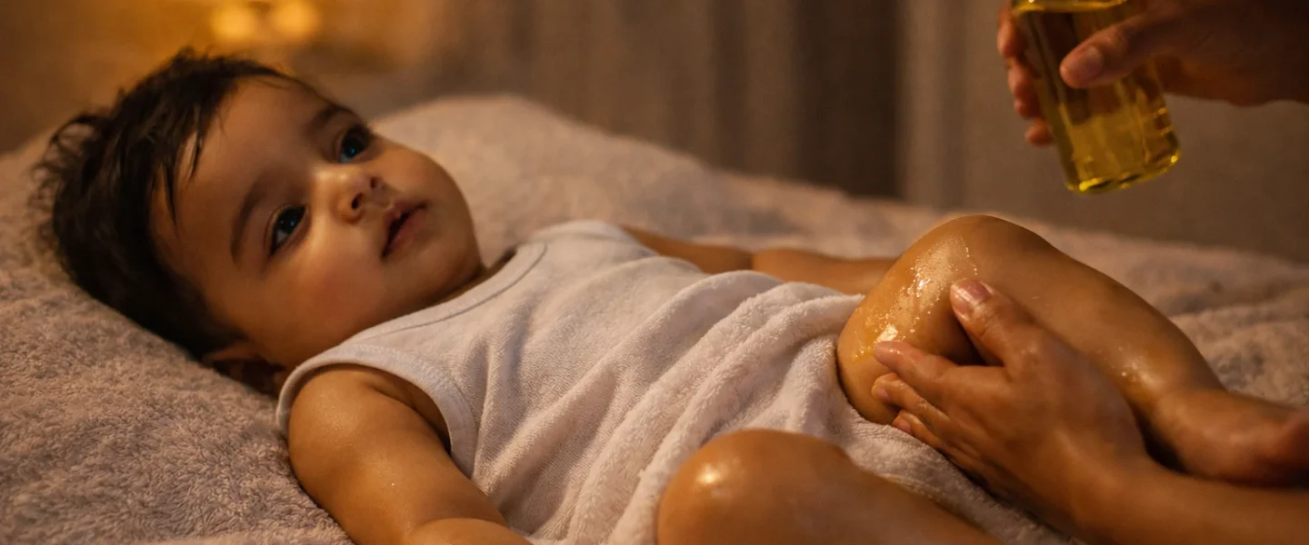 A mother giving a baby a massage as part of a bedtime routine for baby sleep training methods.