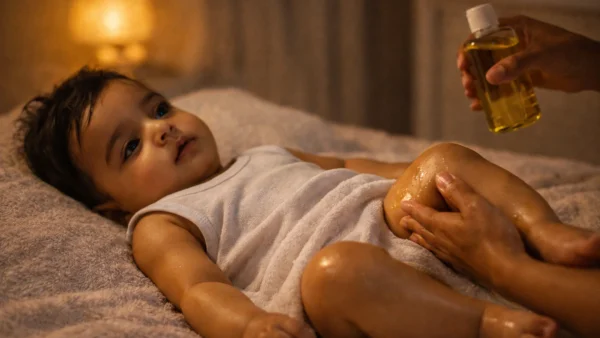 A mother giving a baby a massage as part of a bedtime routine for baby sleep training methods.