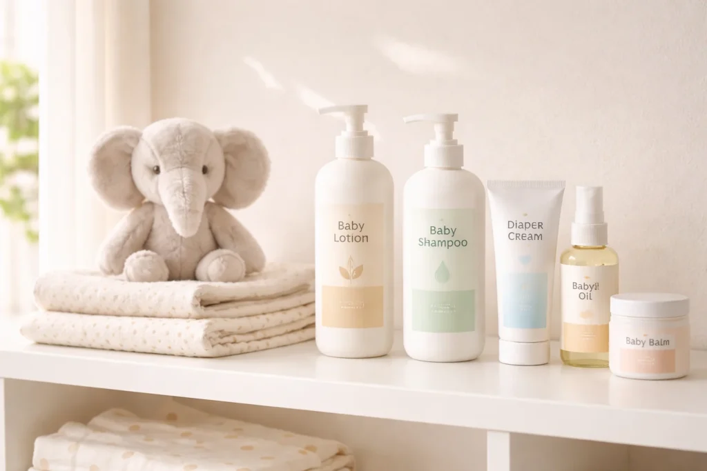 A collection of the best baby products in Pakistan including skincare and essentials arranged on a white shelf.
