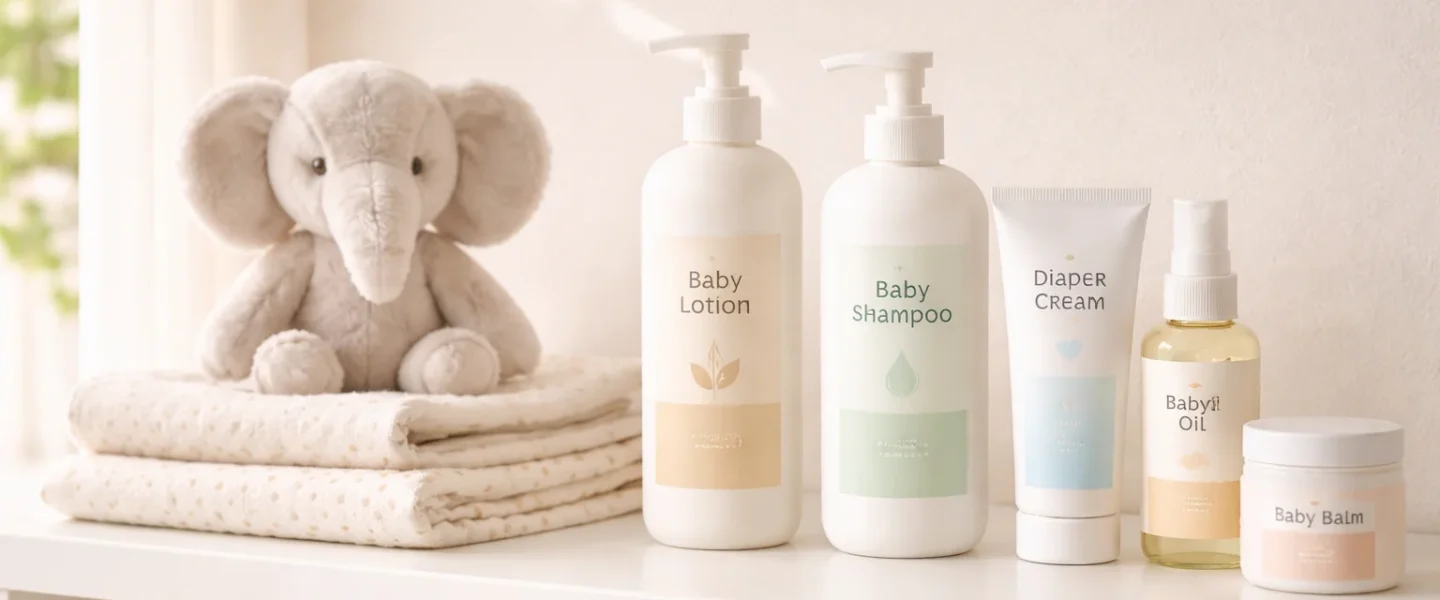 A collection of the best baby products in Pakistan including skincare and essentials arranged on a white shelf.