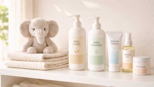 A collection of the best baby products in Pakistan including skincare and essentials arranged on a white shelf.