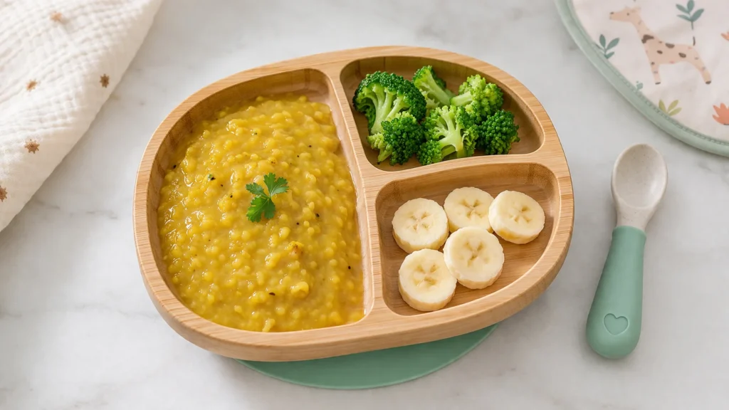 A variety of healthy, iron-rich first foods for starting solids in a Pakistani household.