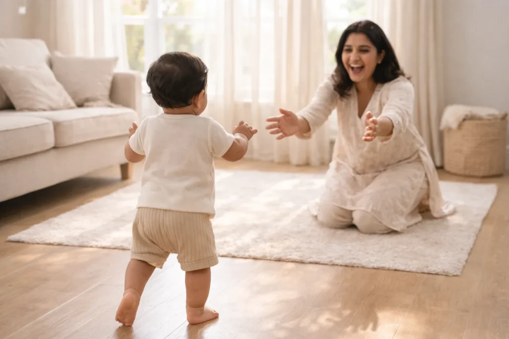 A one-year-old taking first steps, a major achievement in the baby milestone guide.