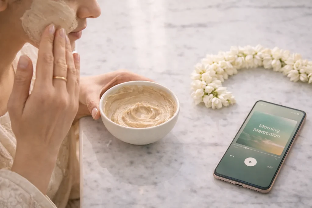 A close-up of a small skincare ritual, a key part of mental health for mothers Pakistan.