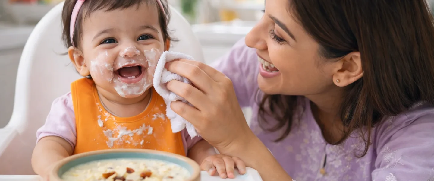 A mother and baby enjoying the messy process of starting solids together.