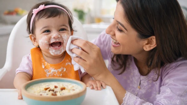 A mother and baby enjoying the messy process of starting solids together.