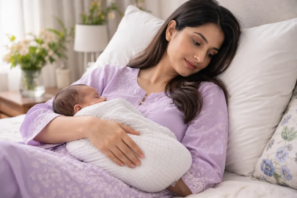 Postpartum recovery in Pakistan: A mother resting comfortably with her newborn during the 40-day recovery period.