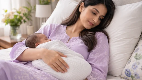 Postpartum recovery in Pakistan: A mother resting comfortably with her newborn during the 40-day recovery period.