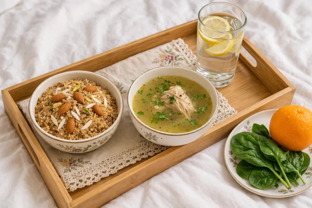 A balanced nutrition tray for postpartum recovery in Pakistan featuring traditional panjiri and modern health foods.