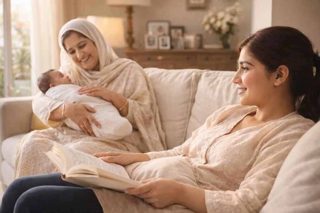 A mother resting while an elder family member holds the baby, showing collective self-care for mamas.