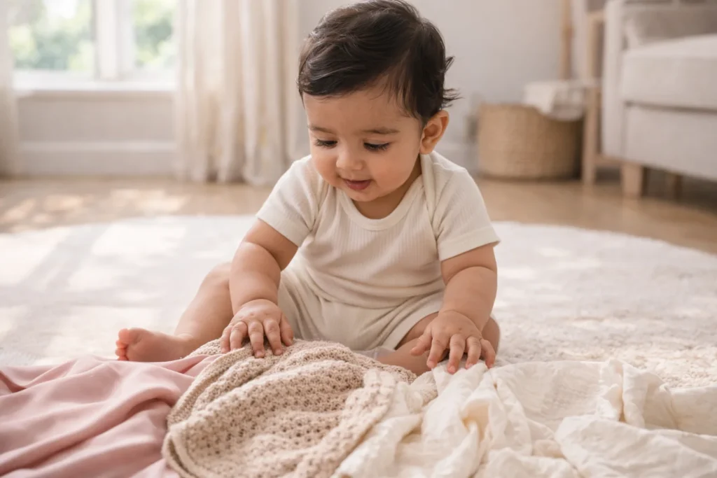 Sensory exploration and play stages within the baby milestone guide.