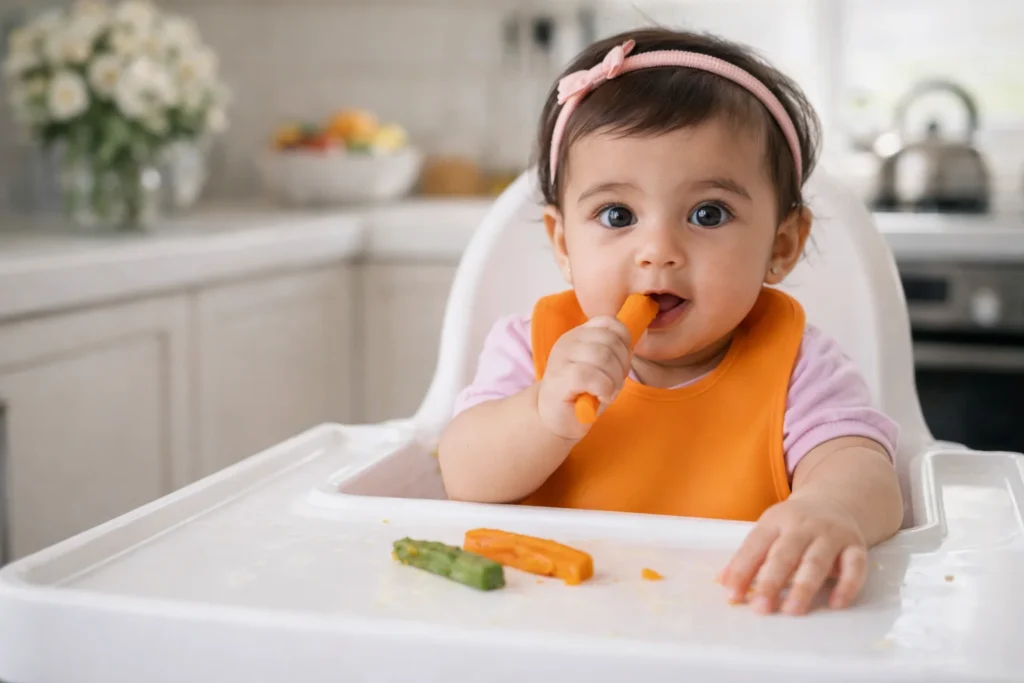 Starting solids: A 6-month-old Pakistani baby beginning her weaning journey with finger foods.
