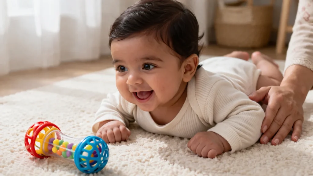 A 3-month-old baby practicing neck strength as part of the baby milestone guide.