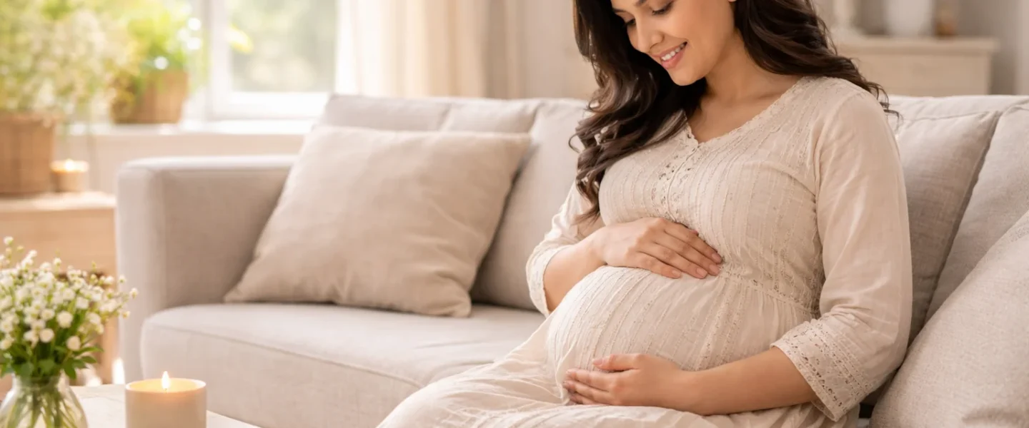 A Pakistani mother-to-be following her pregnancy week by week journey in a bright home setting.