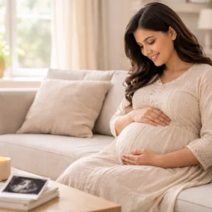 A Pakistani mother-to-be following her pregnancy week by week journey in a bright home setting.