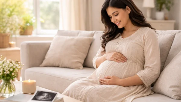 A Pakistani mother-to-be following her pregnancy week by week journey in a bright home setting.