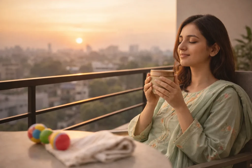 A Pakistani mother practicing self-care for mamas by taking a peaceful break with a cup of chai.