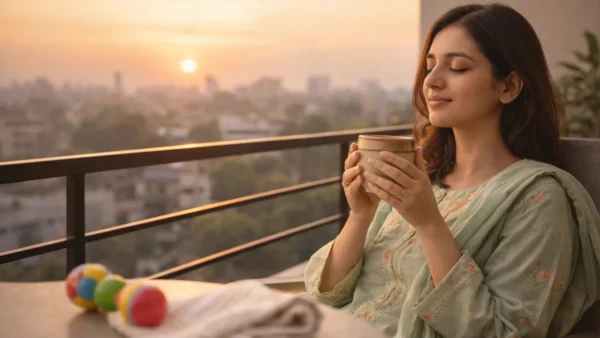 A Pakistani mother practicing self-care for mamas by taking a peaceful break with a cup of chai.