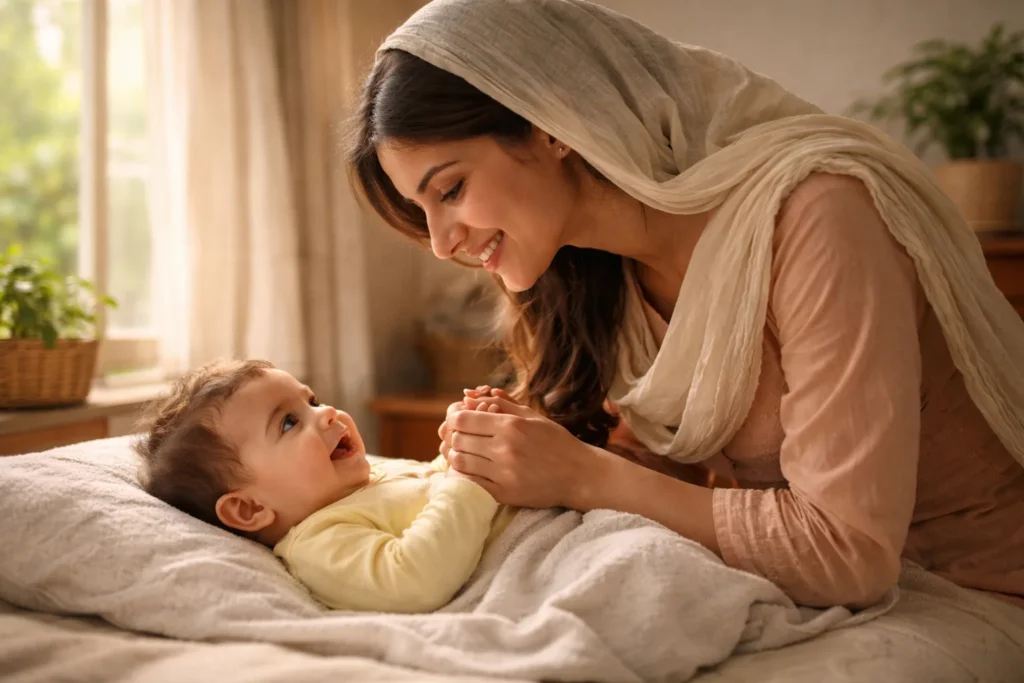 Pakistani baby awake during daytime helping establish healthy sleep routine