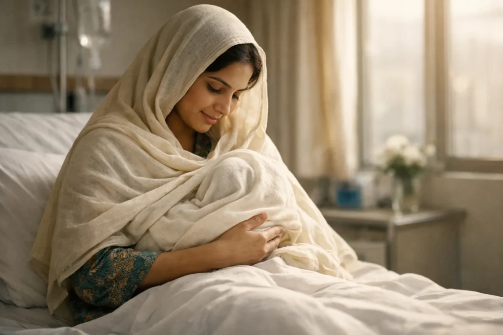 New mother breastfeeding her newborn in hospital during breastfeeding in Pakistan early days