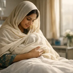 New mother breastfeeding her newborn in hospital during breastfeeding in Pakistan early days
