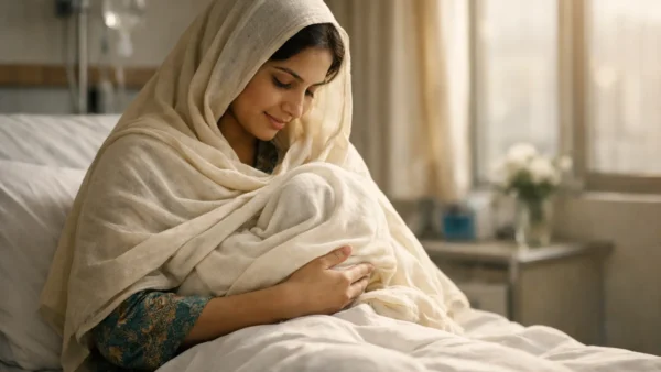 New mother breastfeeding her newborn in hospital during breastfeeding in Pakistan early days