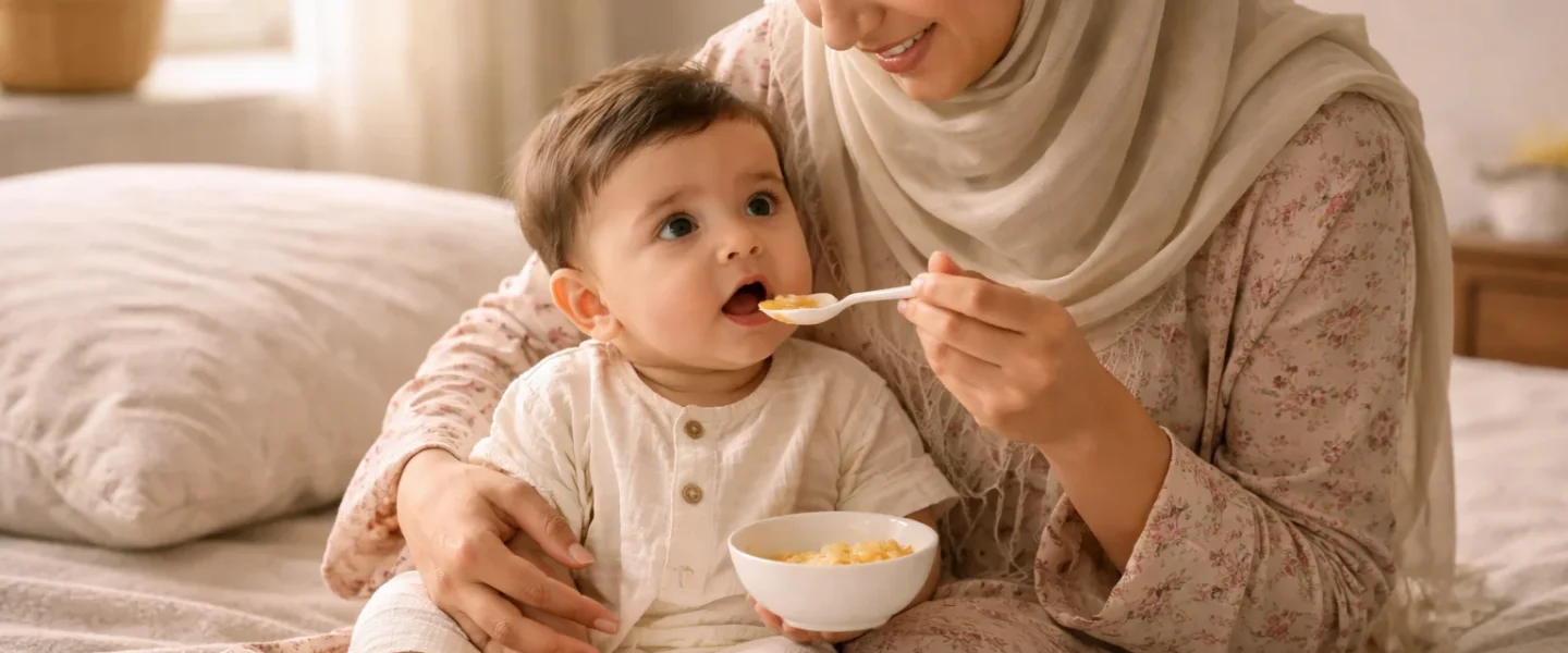 Pakistani mother introducing first food during weaning baby Pakistan stage