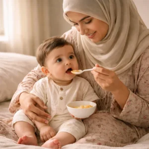 Pakistani mother introducing first food during weaning baby Pakistan stage