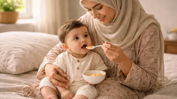 Pakistani mother introducing first food during weaning baby Pakistan stage