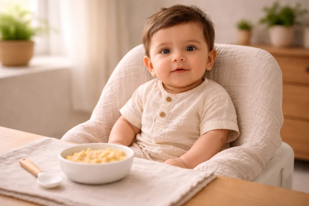 Baby sitting ready for feeding in a simple home environment
