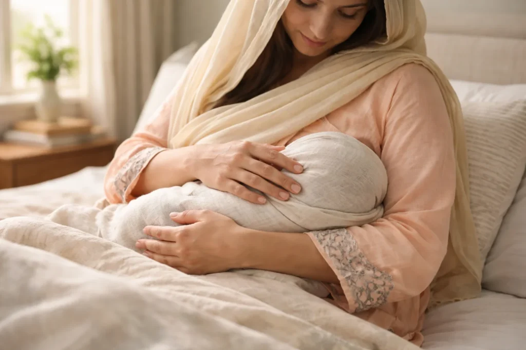 Pakistani mother adjusting newborn latch for comfortable breastfeeding at home