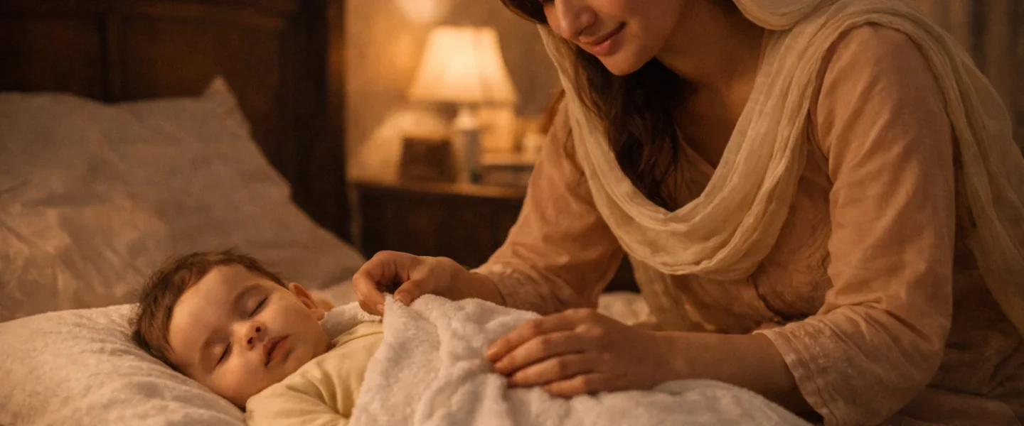 Pakistani mother preparing baby for sleep with calming bedtime routine