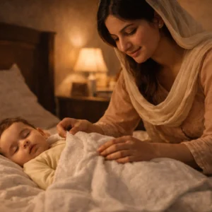 Pakistani mother preparing baby for sleep with calming bedtime routine