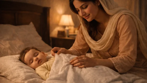 Pakistani mother preparing baby for sleep with calming bedtime routine