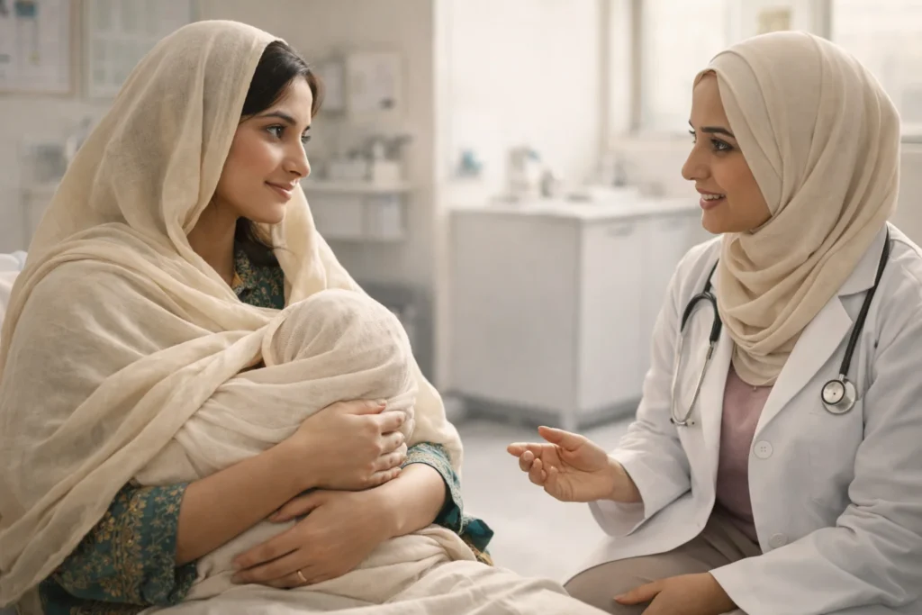 Pakistani mother consulting doctor for breastfeeding challenges and milk supply concerns
