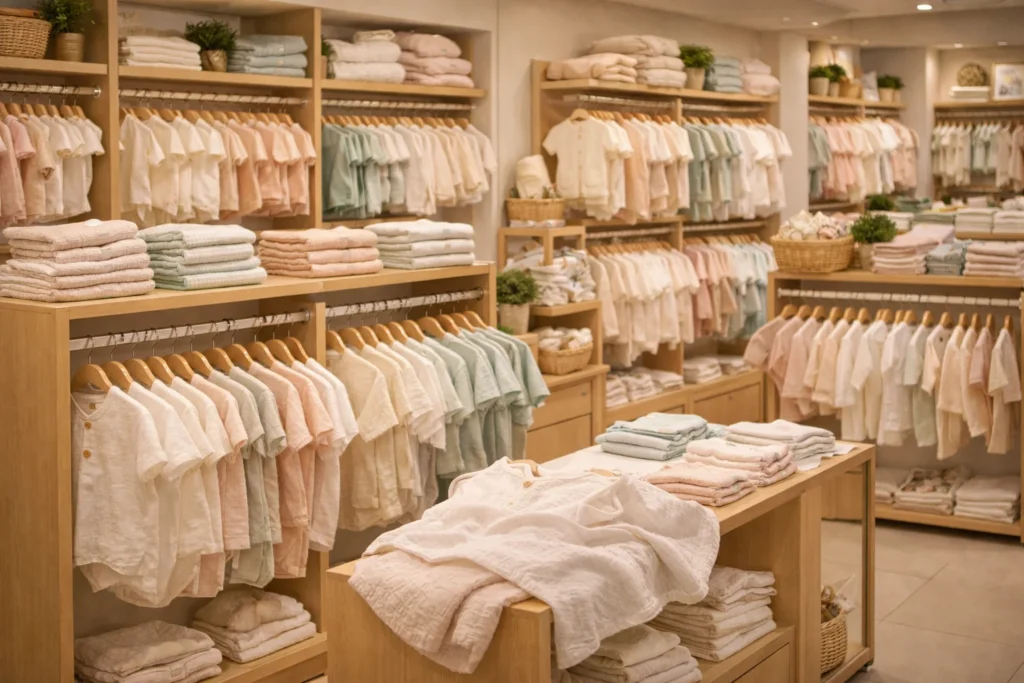 Variety of newborn baby clothes available in Pakistani baby store