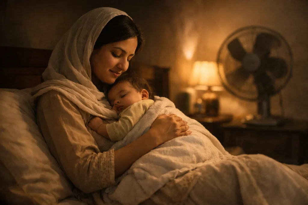 Pakistani mother soothing baby at night during sleep training Pakistan routine