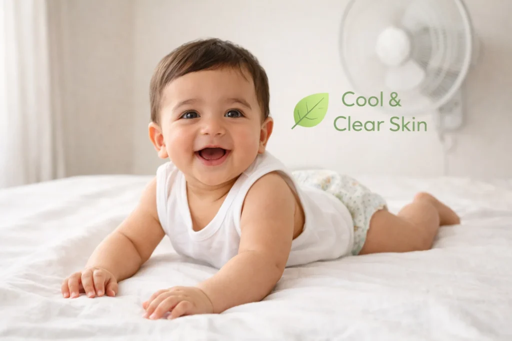 A horizontal banner of a Pakistani baby showing smooth, heat rash-free skin after effective treatment.