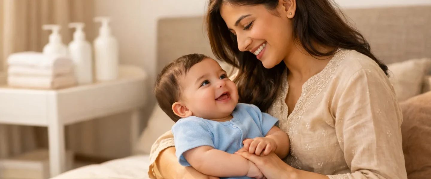 A close-up horizontal banner showing a healthy Pakistani baby after a newborn skin care routine.