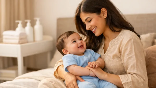 A close-up horizontal banner showing a healthy Pakistani baby after a newborn skin care routine.