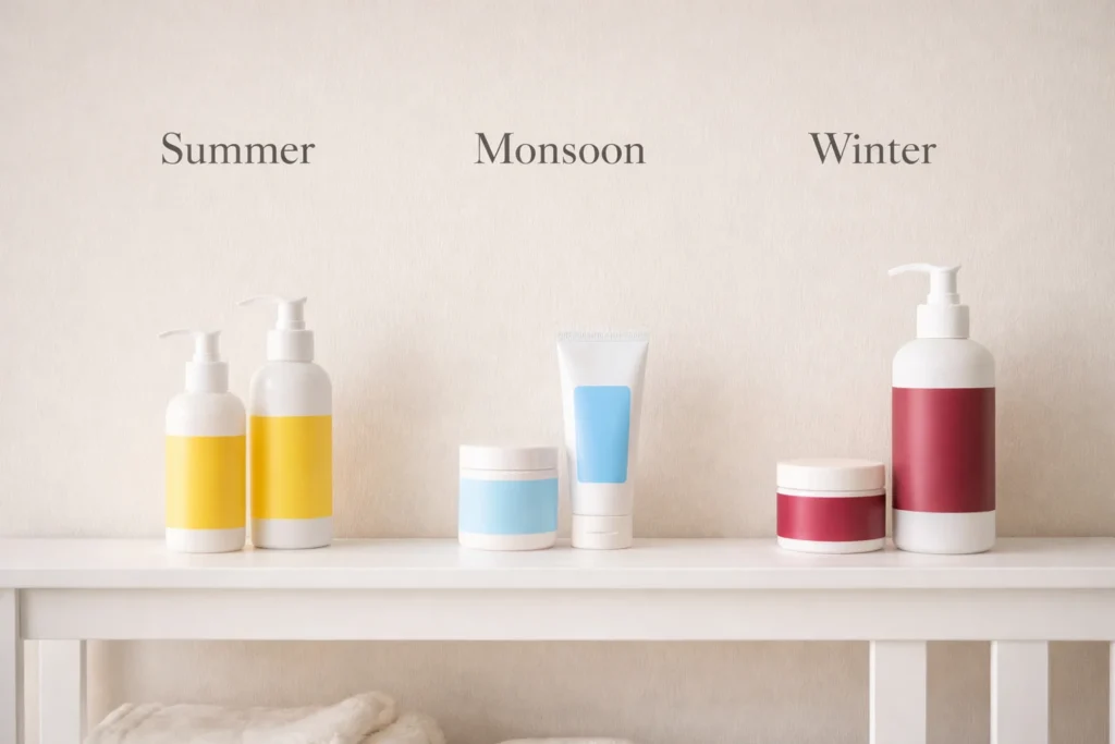 A horizontal banner showing a complete newborn skin care routine and essential products for Pakistan's climate.